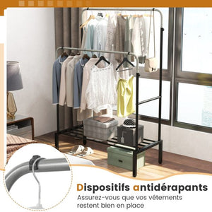 Appendiabiti a doppia barra Appendiabiti in metallo resistente regolabile in altezza per appendere vestiti Organizzatore di vestiti Nero e argento 20_0009103