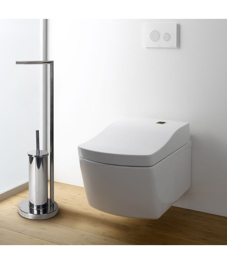 Portarotolo Con Porta Scopino Bagno In Metallo Cromato Con Spazzolone 19x19x74cm         