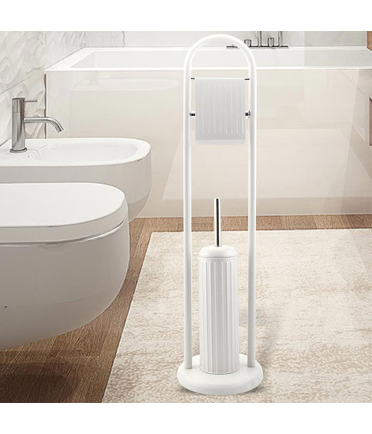 Trade Shop - Portarotolo Con Spazzolone Porta Scopino Bagno Linear In Metallo Bianco 22x81cm -