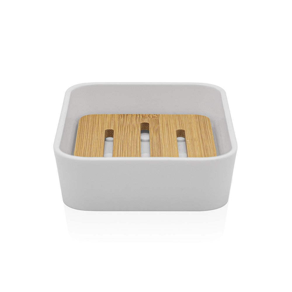 Portasapone in finitura bianca opaca con inserti in bambù