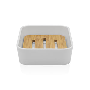 Portasapone in finitura bianca opaca con inserti in bambù