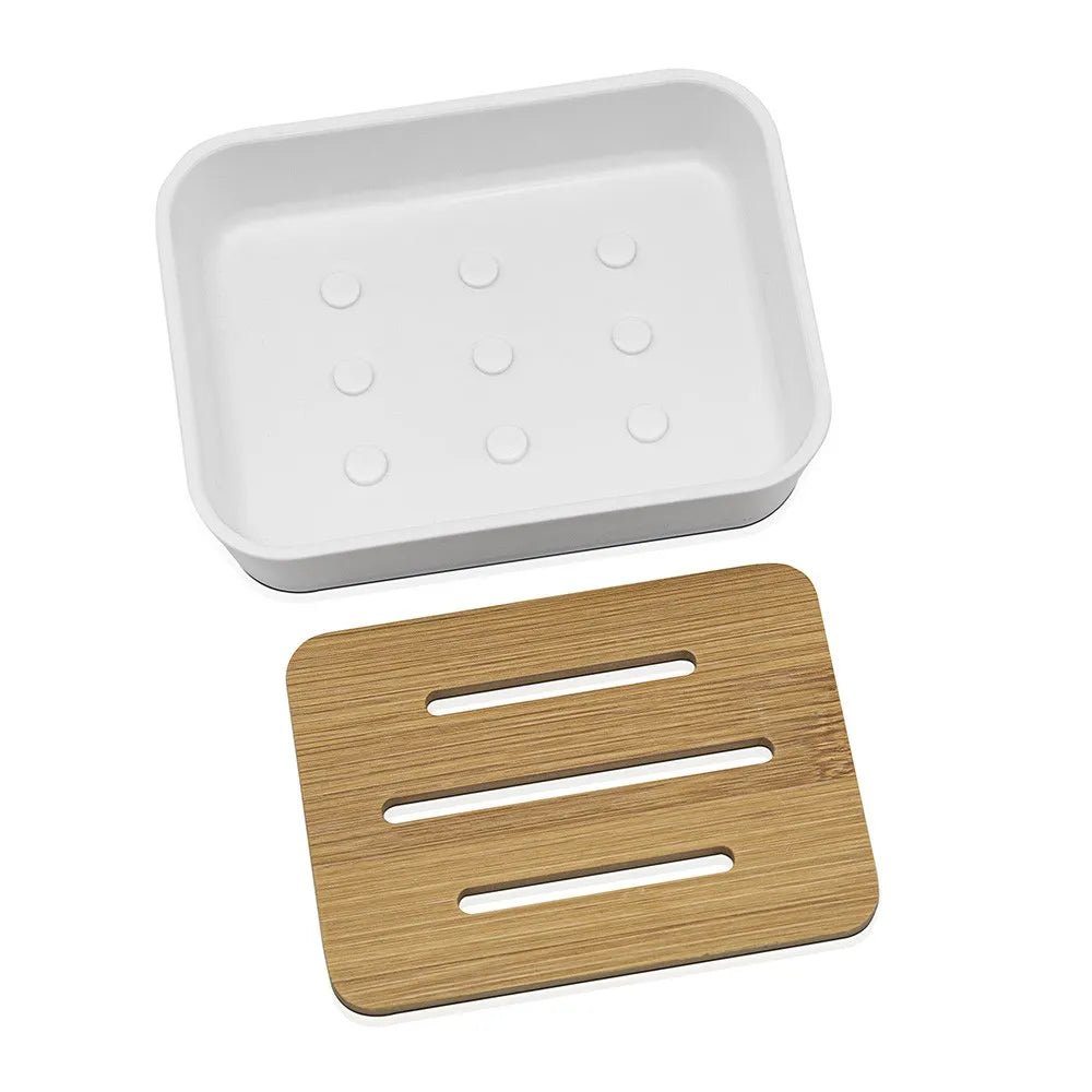 Portasapone in finitura bianca opaca con inserti in bambù