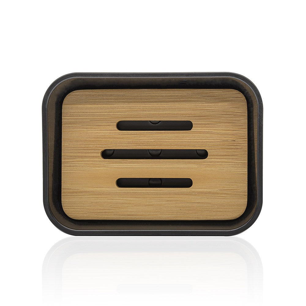 Portasaponetta in finitura nera opaca con inserti in bambù