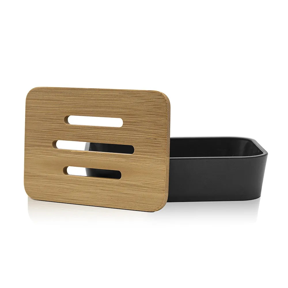 Portasaponetta in finitura nera opaca con inserti in bambù