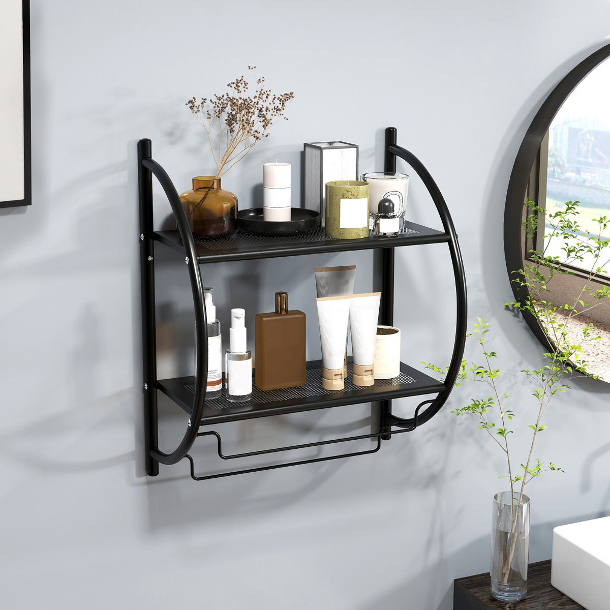 Portasciugamani da parete per bagno-Mensola a 2 ripiani in acciaio inossidabile 45x26x55cm Nero