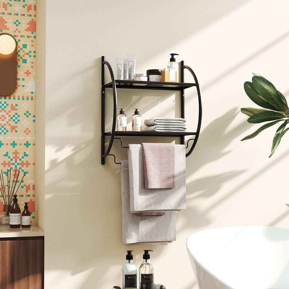 Portasciugamani da parete per bagno-Mensola a 2 ripiani in acciaio inossidabile 45x26x55cm Nero