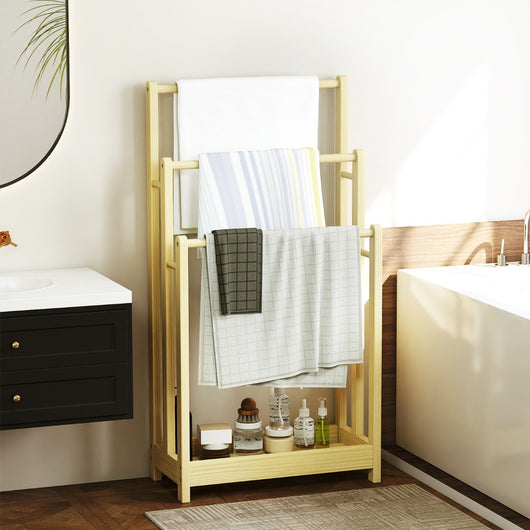 Portasciugamani in legno autoportante con mensola inferiore, Porta asciugamani a 3 livelli leggero Legno naturale-Portasciugamani