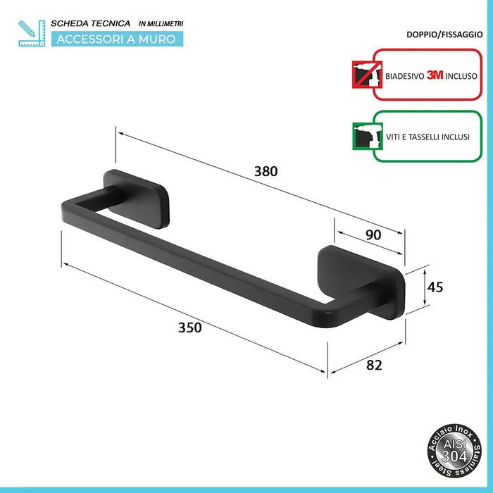 Portasciugamani a muro 35 cm in acciaio inox nero con doppio fissaggio
