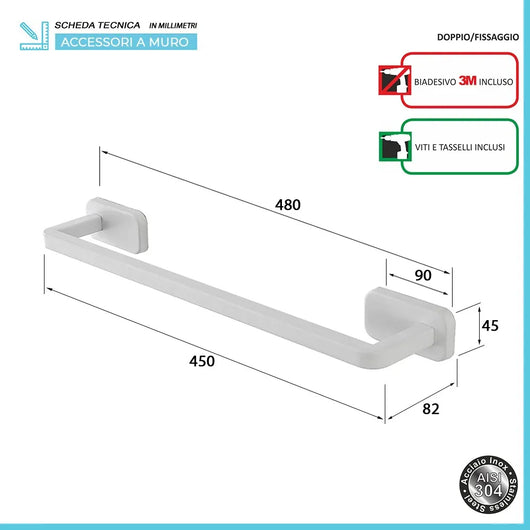 Portasciugamani a muro 45 cm in acciaio inox bianco con doppio fissaggio