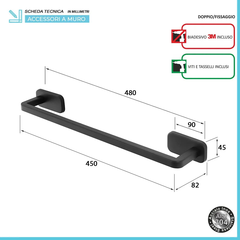 Portasciugamani a muro 45 cm in acciaio inox nero con doppio fissaggio