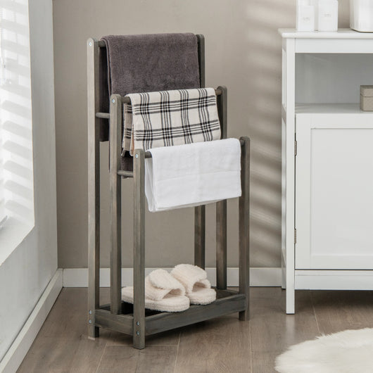 Portasciugamani in legno autoportante con mensola inferiore, Porta asciugamani a 3 livelli leggero Grigio-Portasciugamani