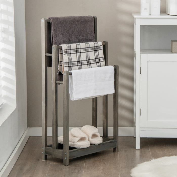 Portasciugamani in legno autoportante con mensola inferiore, Porta asciugamani a 3 livelli leggero Grigio-Portasciugamani