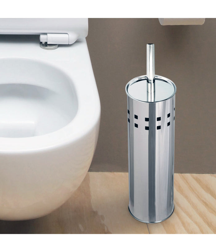Portascopino Con Spazzolone Wc Cilindro In Acciaio Inox 26x10cm Accessori Bagno         