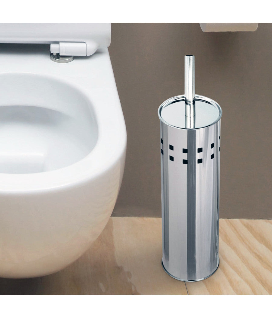 Portascopino Con Spazzolone Wc Cilindro In Acciaio Inox 26x10cm Accessori Bagno         