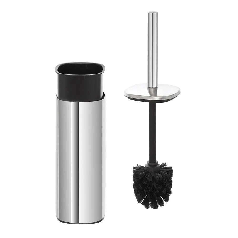 Portascopino cromato lucido con setole nere e contenitore estraibile