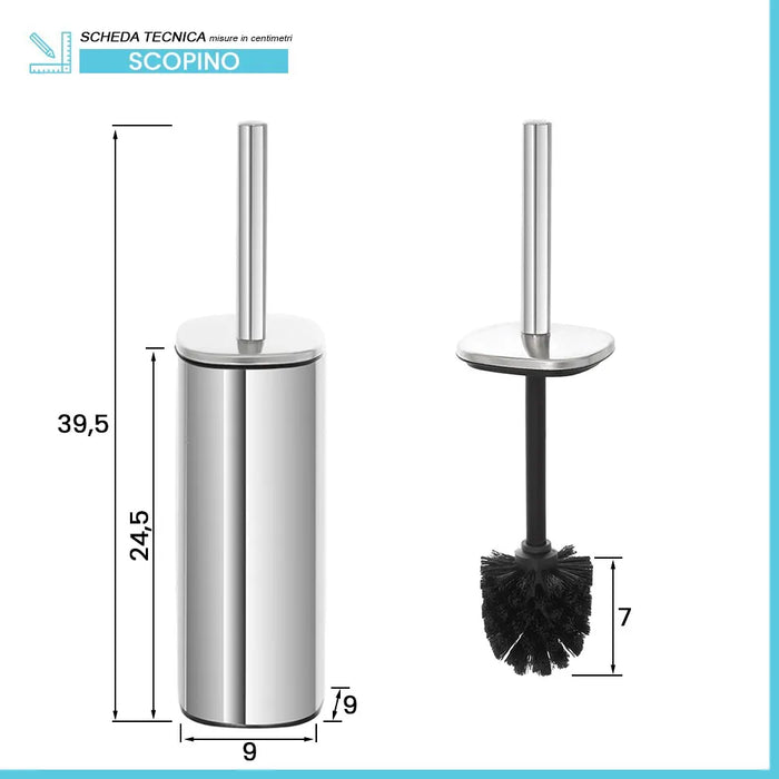 Portascopino cromato lucido con setole nere e contenitore estraibile