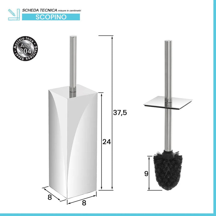 Portascopino quadrato in acciaio inox con setole nere e secchio estraibile