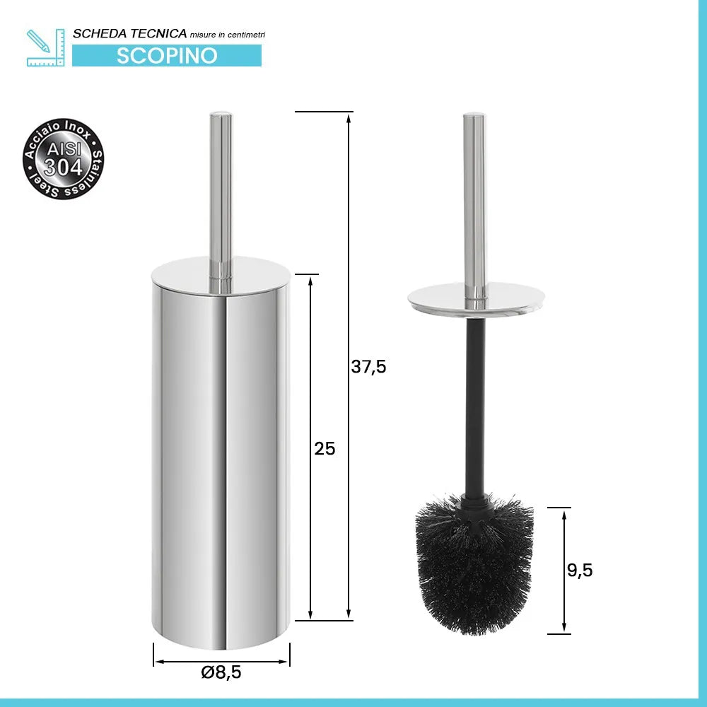 Portascopino tondo in acciaio inox con setole nere e secchio estraibile