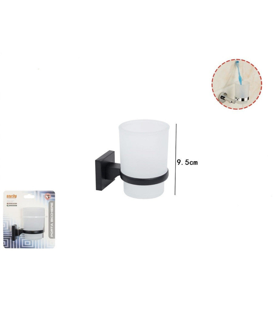 Portaspazzolini Bicchiere Vetro Acciaio Da Muro Nero Stile Minimal Moderno 79985         