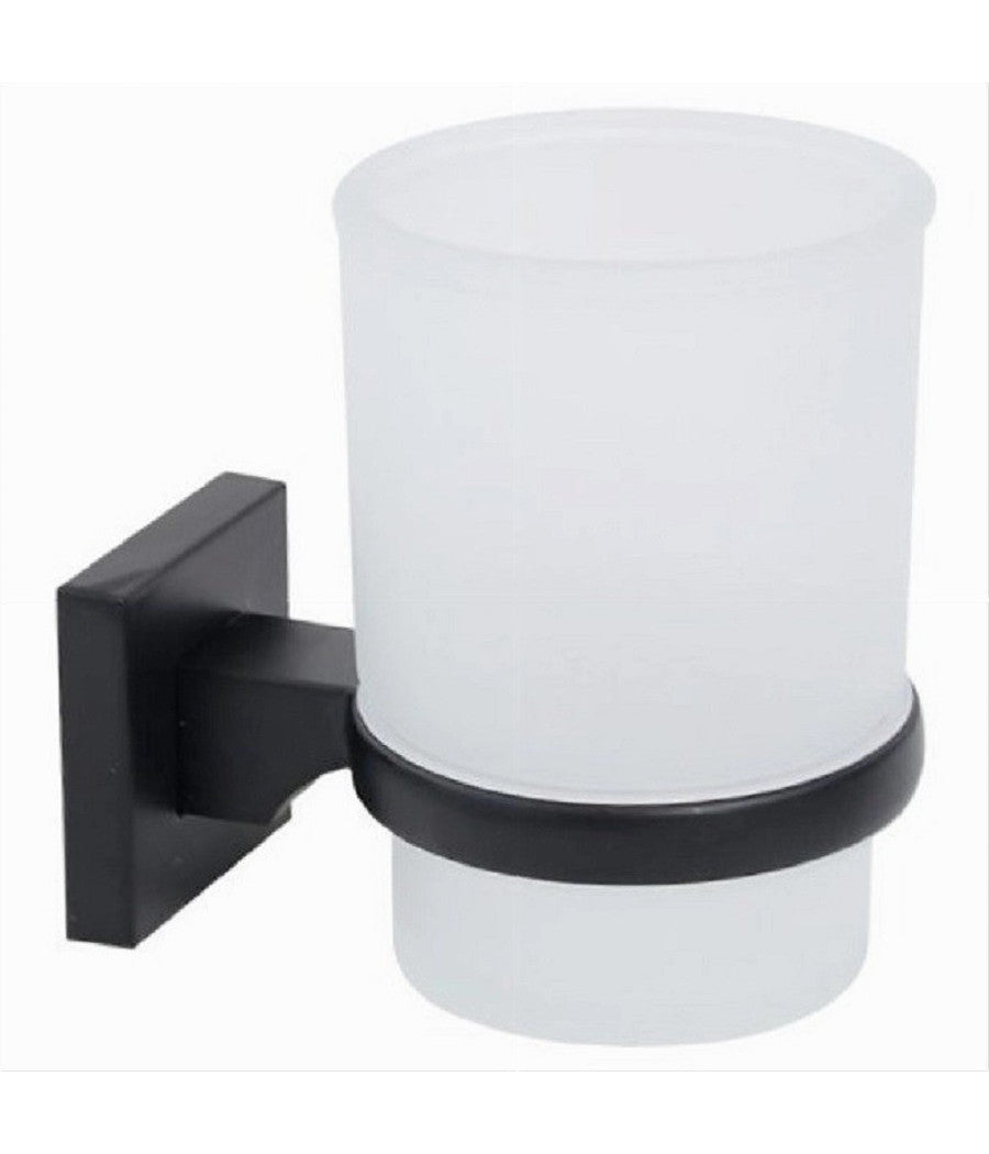 Portaspazzolini Bicchiere Vetro Acciaio Da Muro Nero Stile Minimal Moderno 79985         