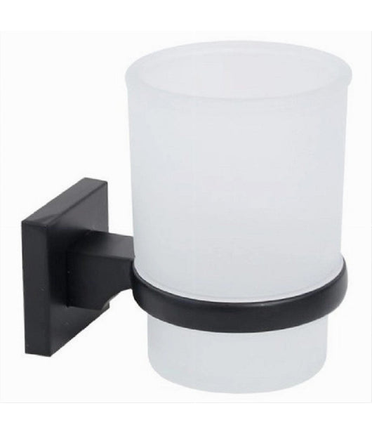 Portaspazzolini Bicchiere Vetro Acciaio Da Muro Nero Stile Minimal Moderno 79985         
