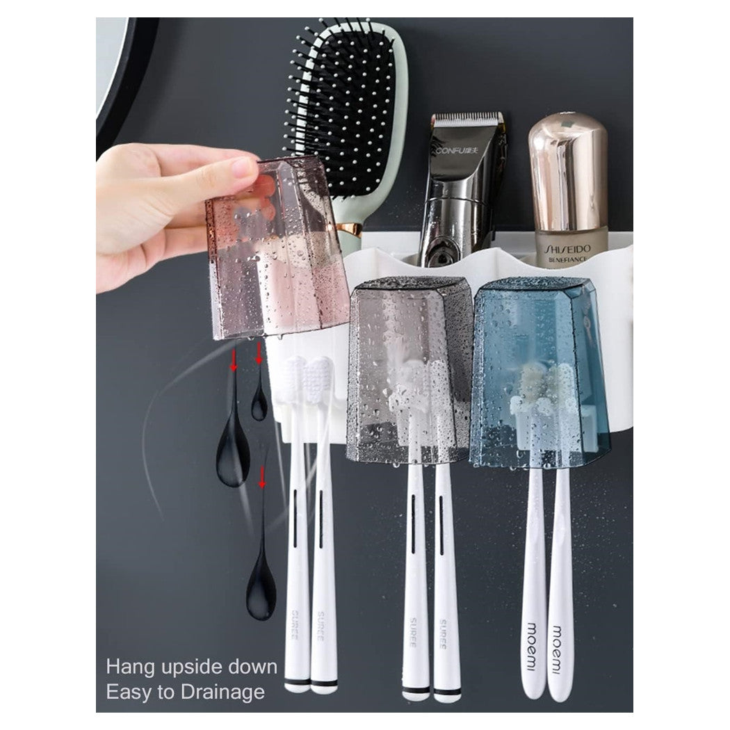 Trade Shop - Portaspazzolino Adesivo Multifunzione Organizer Per Spazzolino Denti Con 4 Tazze + 4 Slot -