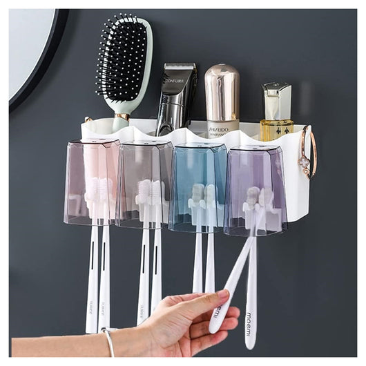 Trade Shop - Portaspazzolino Adesivo Multifunzione Organizer Per Spazzolino Denti Con 4 Tazze + 4 Slot -