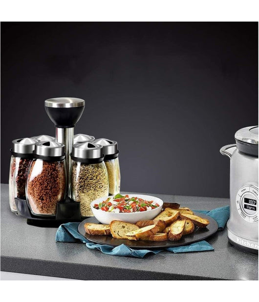 Portaspezie Girevole Con 6 Barattoli In Vetro Tappi Spargispezie Organizer Cucina         