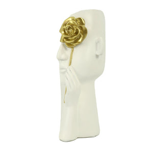 Portavaso resina viso bianco fiore oro cm 13x13h27