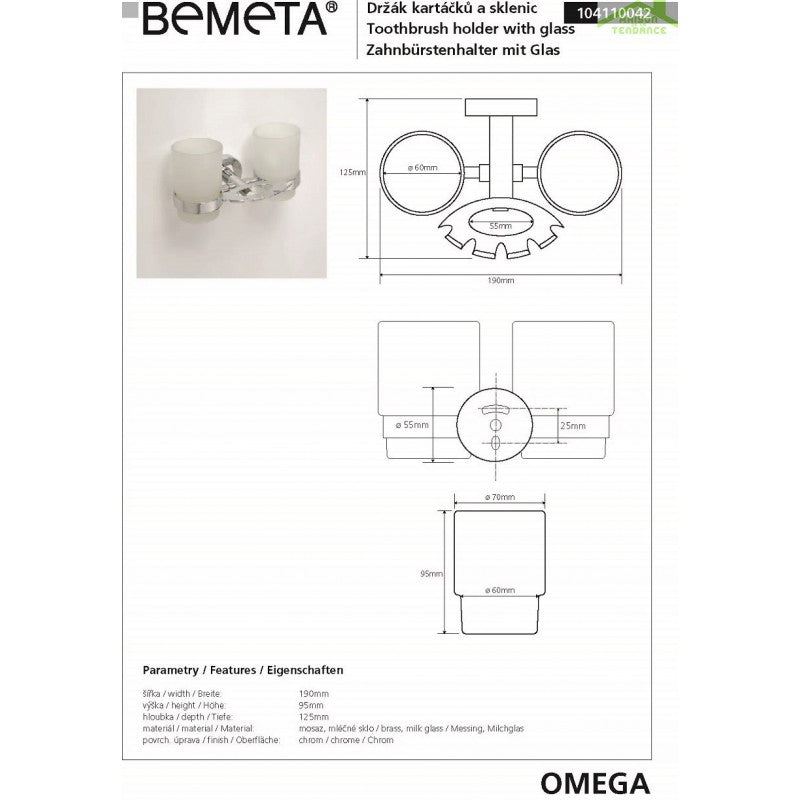 Portaspazzolino in ottone cromato + 2 bicchieri 19x9,5x12,5cm