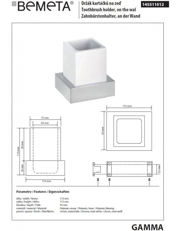 Portaspazzolino da parete GAMMA in ottone cromato bianco opaco