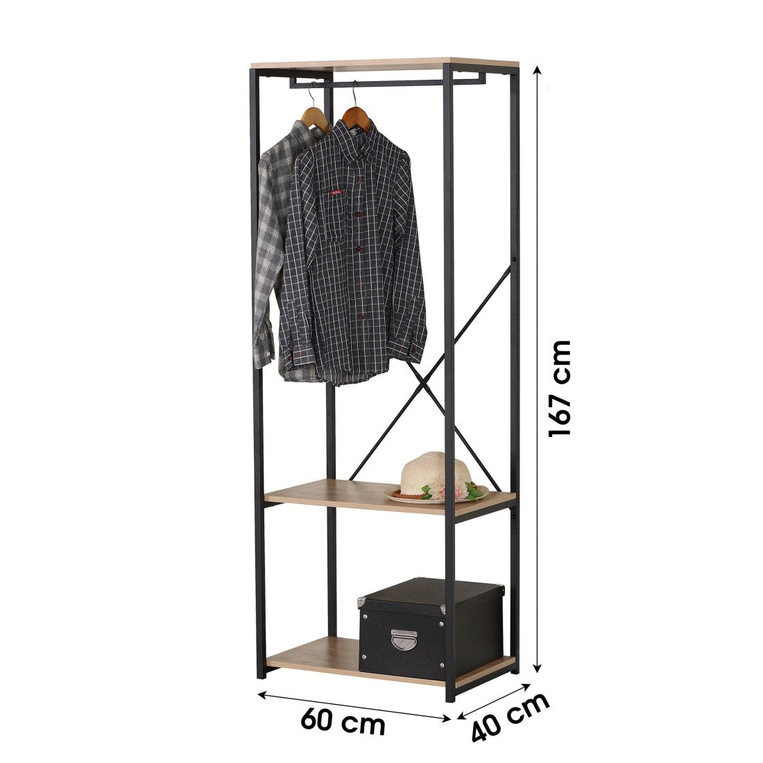 Appendiabiti / guardaroba aperto con scaffale e asta per appendere - Dimensioni 60x40x167 cm, colore rovere chiaro e nero