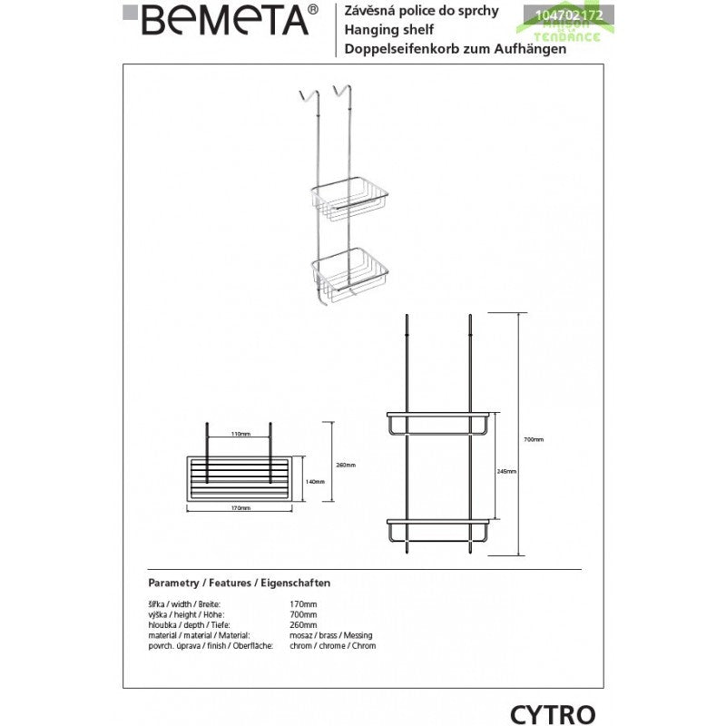 Porta doccia sospesa CYTRO in ottone cromato 17x14x70 cm