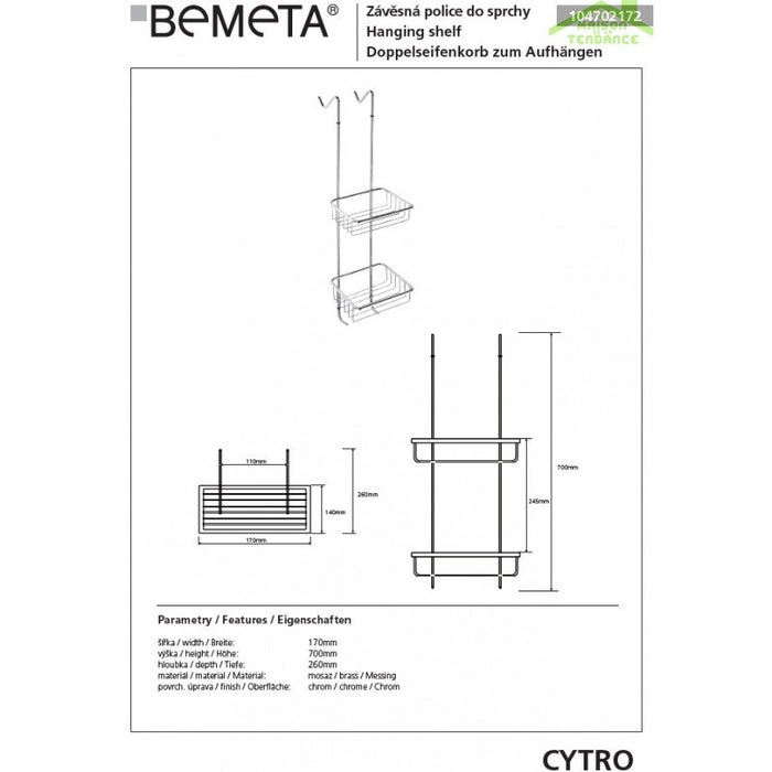 Porta doccia sospesa CYTRO in ottone cromato 17x14x70 cm