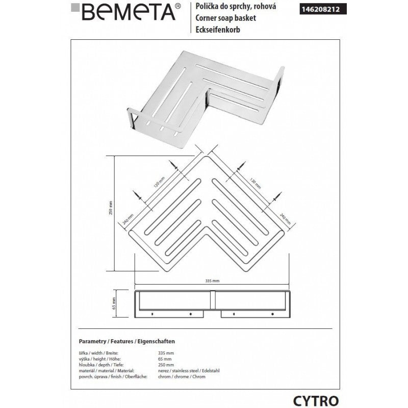 Supporto angolare per doccia a parete CYTRO 33,5x25x 6,5 cm