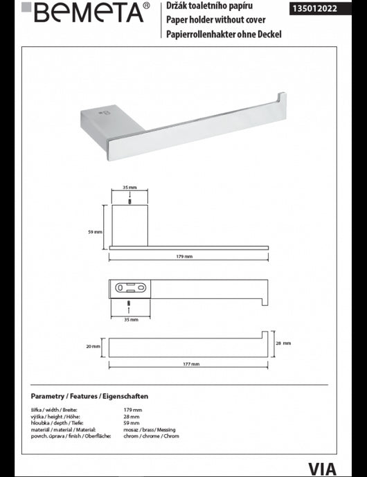 Porta carta igienica VIA ottone cromato 17,9 x2,8 x5,9 cm