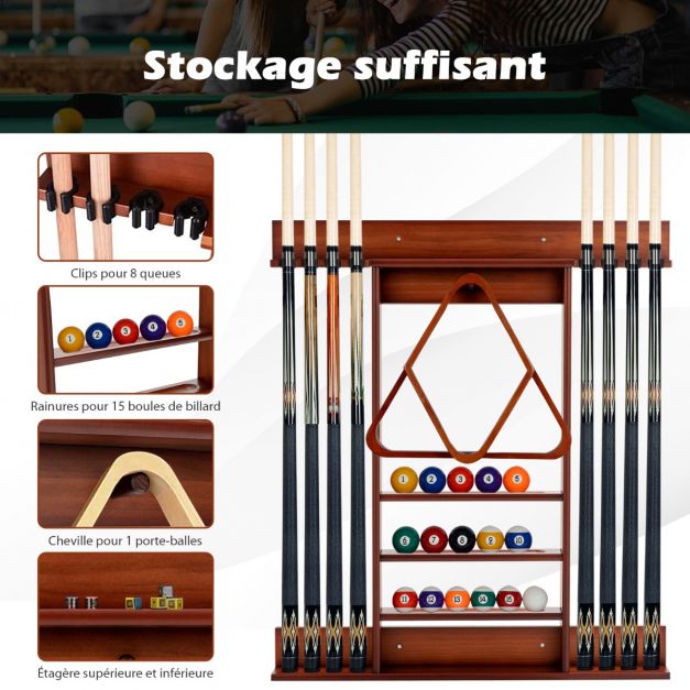 Portastecche da biliardo a parete 8 stecche e scanalature 3 livelli 15 supporti per palline 1 supporto per palline triangolari in legno per club 20_0007365