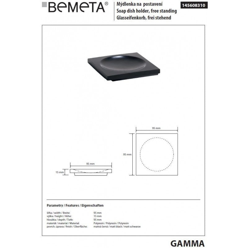 Portasapone da tavolo quadrato GAMMA in resina nera opaca 9,5 x9,5 x1,5 cm