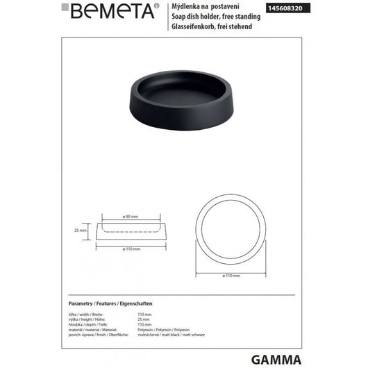 GAMMA Portasapone Rotondo da Tavolo in Resina Nera Opaca 11 x11 x2,5 cm