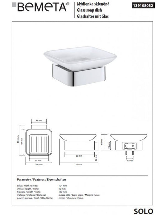 Portasapone quadrato da parete SOLO in vetro e ottone cromato 10,4 x4,5 x11 cm