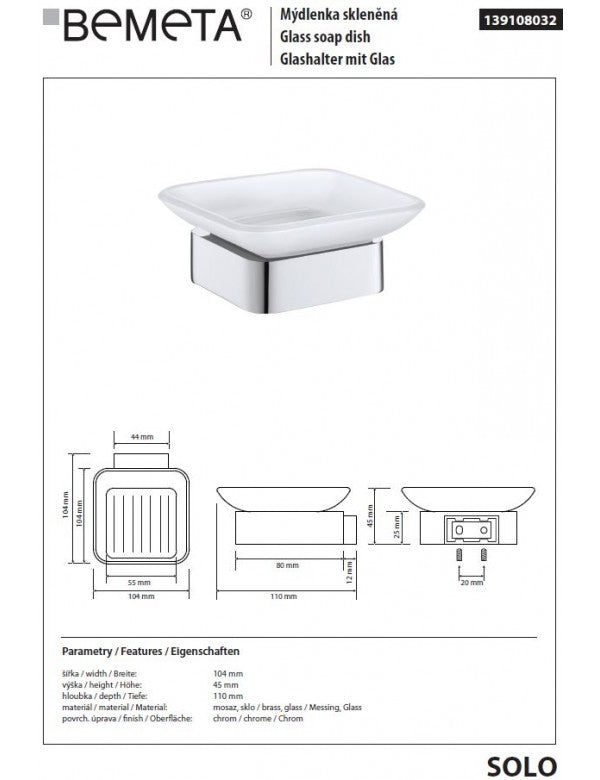 Portasapone quadrato da parete SOLO in vetro e ottone cromato 10,4 x4,5 x11 cm