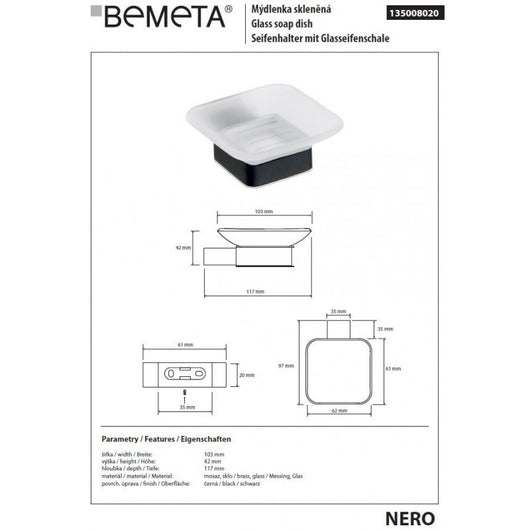 Portasapone NERO Quadrato in Ottone Nero e Vetro 10,3 x4,2 x11,7 cm