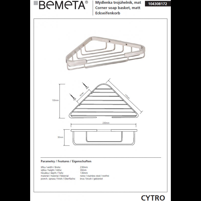 CYTRO Portasapone angolare in acciaio inox 23x13x3 cm