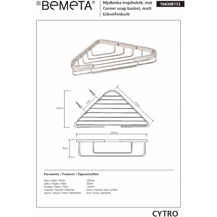 CYTRO Portasapone angolare in acciaio inox 23x13x3 cm