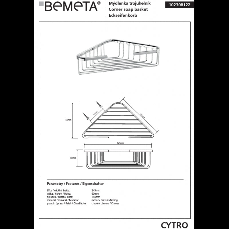 CYTRO Portasapone Corner Grill in ottone cromato 24,5x15x6 cm