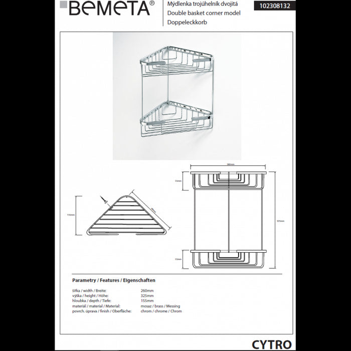 CYTRO Portaoggetti angolare a doppio ripiano in ottone cromato 16x15,5x32,5 cm
