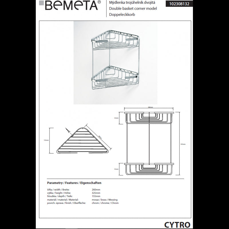 CYTRO Portaoggetti angolare a doppio ripiano in ottone cromato 16x15,5x32,5 cm