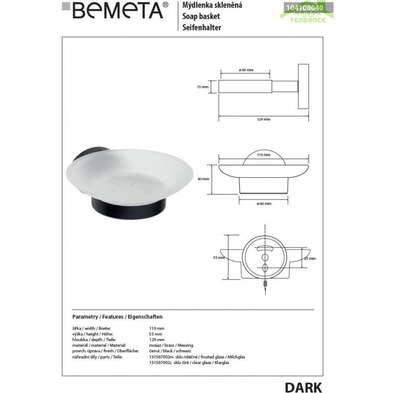 Portasapone da parete DARK in ottone nero e vetro 11x 5,5x 12,9cm