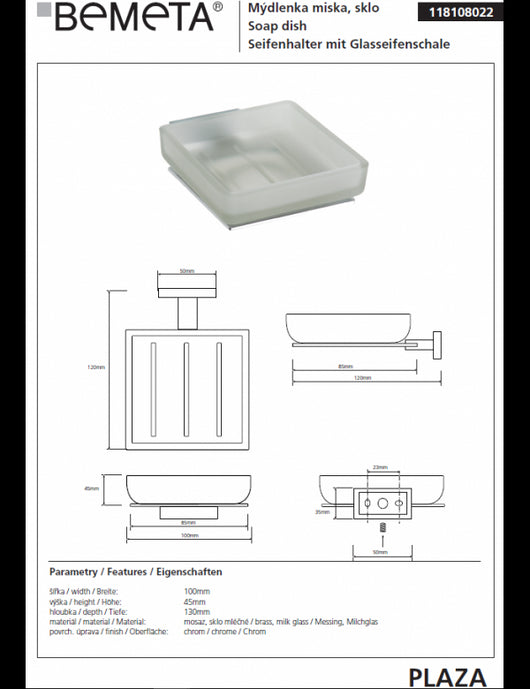 PLAZA portasapone da parete in vetro 13x10x4,5 cm