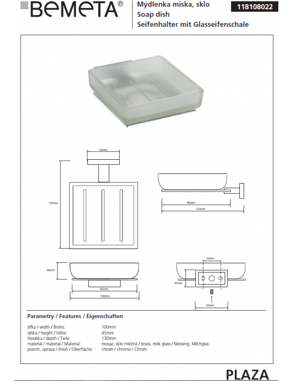 PLAZA portasapone da parete in vetro 13x10x4,5 cm